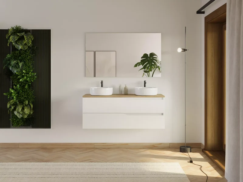 Meuble de salle de bain 120cm avec plateau et 2 vasques à poser Ares - 2 tiroirs - LUNA