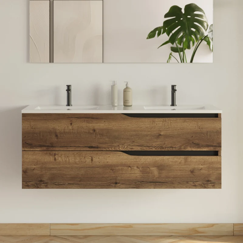 Meuble de salle de bain 120cm avec plan double vasque - 2 tiroirs - LUNA