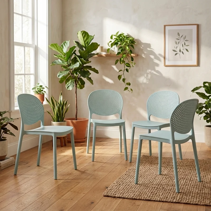 Set de 4 Sillas Florida, Color Azul Claro, con Espaldar y Diseño Moderno