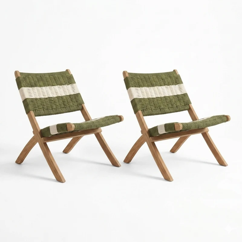 Set de 2 Sillas Plegable de Madera para Exterior Katy, Verde Olivo y Blanco, Ideal para Dias de Sol