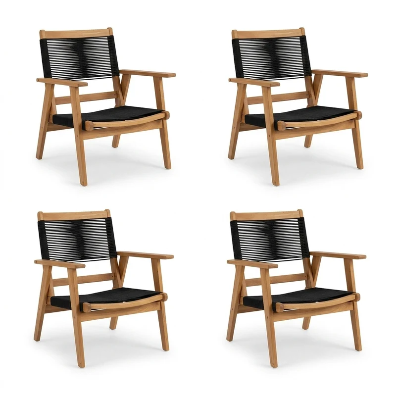 Set de 4 Sillas Plegable de Madera para Exterior Lomy, Negro, con Brazos