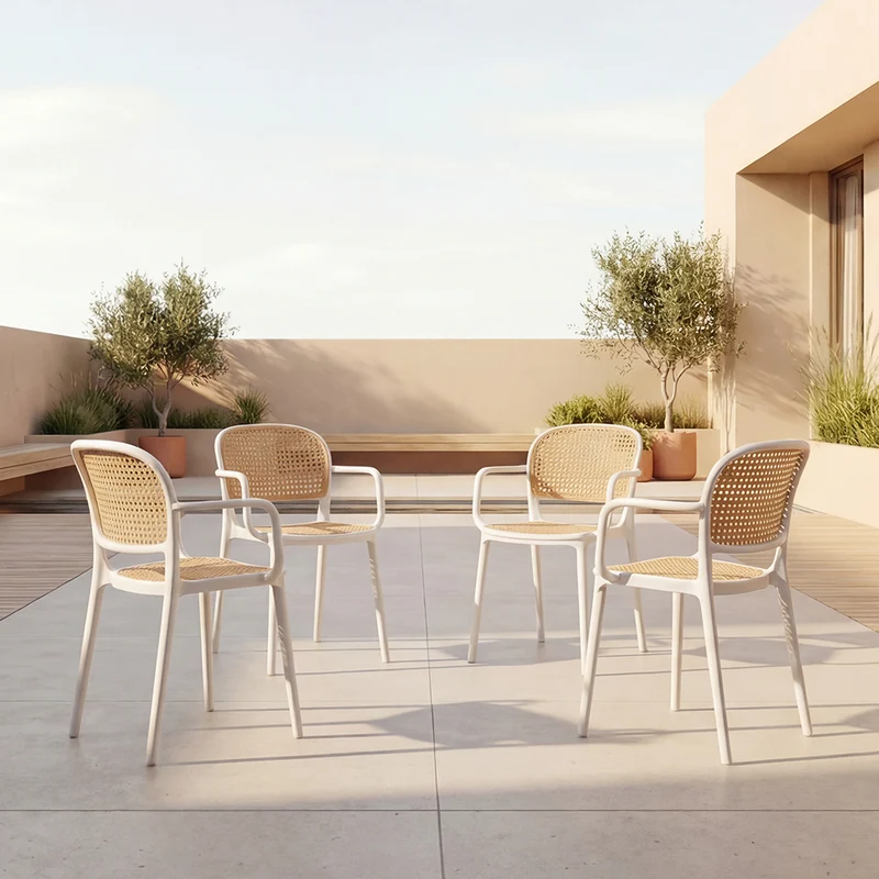 Set de 4 Sillas con Brazos Nest, Color Blanco y Beige, con Espaldar y Asiento en Rejilla