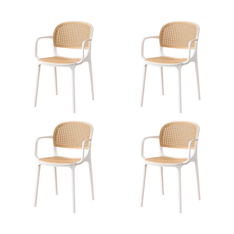 Set de 4 Sillas con Brazos Nest, Color Blanco y Beige, con Espaldar y Asiento en Rejilla