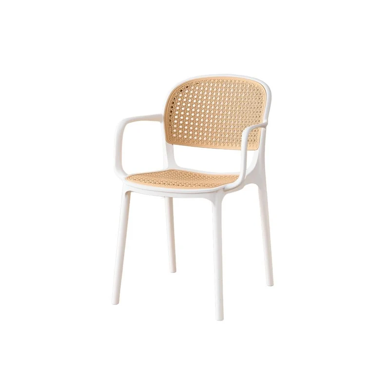Set de 4 Sillas con Brazos Nest, Color Blanco y Beige, con Espaldar y Asiento en Rejilla