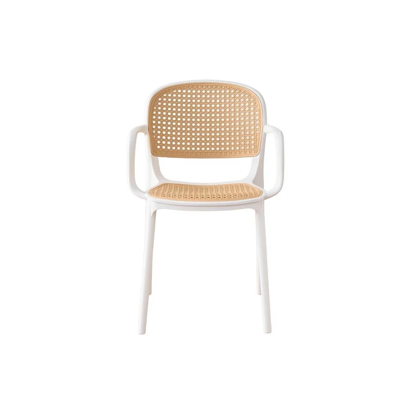 Set de 4 Sillas con Brazos Nest, Color Blanco y Beige, con Espaldar y Asiento en Rejilla