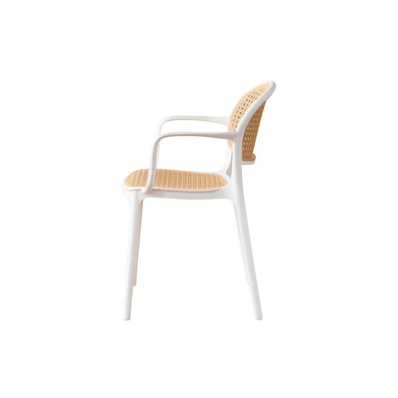 Set de 4 Sillas con Brazos Nest, Color Blanco y Beige, con Espaldar y Asiento en Rejilla