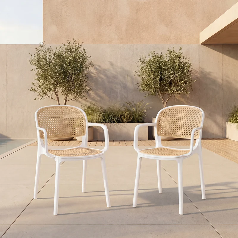 Set de 2 Sillas con Brazos Nest, Color Blanco y Beige, con Espaldar y Asiento en Rejilla