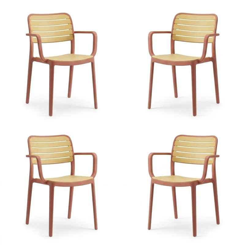 Set de 4 Sillas con Brazos Carolina, Terracota y Beige, y Espaldar de Líneas Horizontales