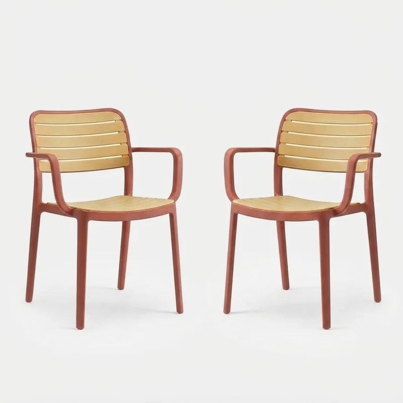 Set de 2 Sillas con Brazos Carolina, Terracota y Beige, y Espaldar de Líneas Horizontales