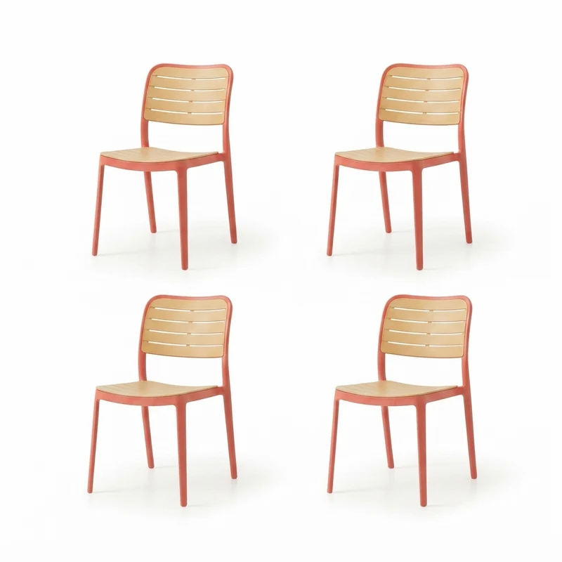 Set de 4 Sillas Carolina, Color Terracota y Beige, con Espaldar de Líneas Horizontales