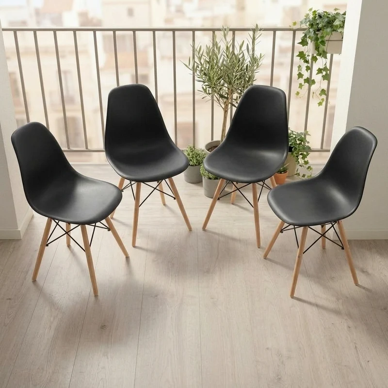 Set de 4 Sillas Eames, Color Negro, con Patas de Madera