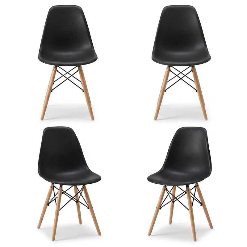 Set de 4 Sillas Eames, Color Negro, con Patas de Madera