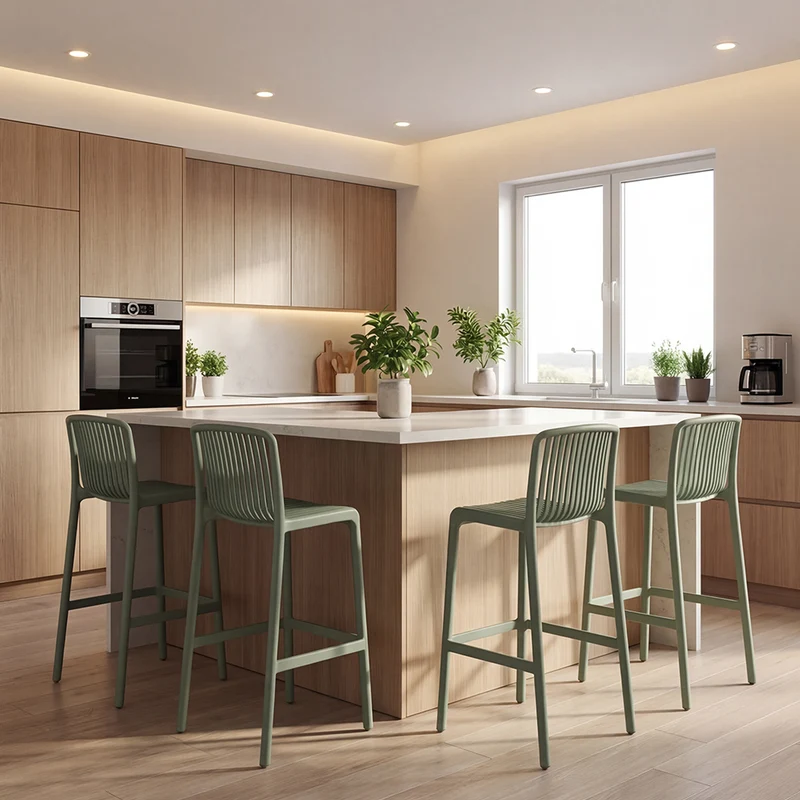 Set de 4 Sillas para Bar Sovalla, Color Verde Olivo, con Espaldar Redondo Transpirable y Diseño Minimalista