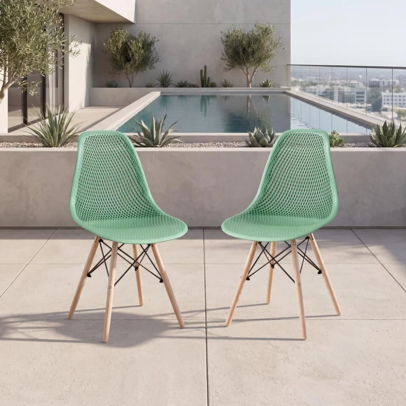 Set de 2 Sillas Aira, Color Verde Oliva, con Espaldar y Patas en Madera