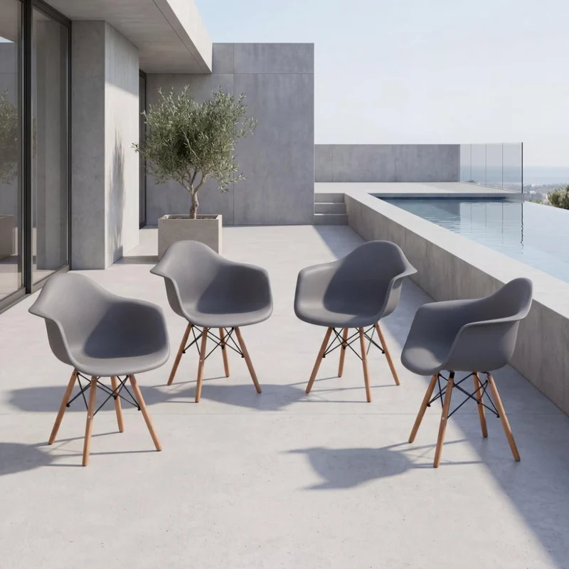 Set de 4 Sillas Eymos, Color Gris Oscuro, con Espaldar y Patas en Madera