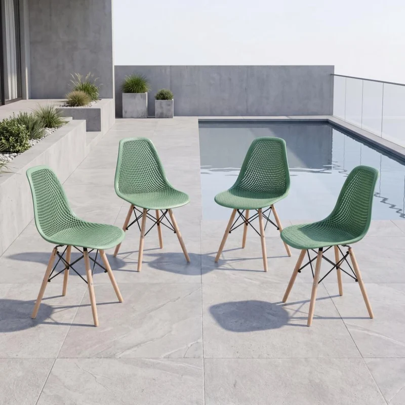 Set de 4 Sillas Aira, Color Verde Oliva, con Espaldar y Patas en Madera
