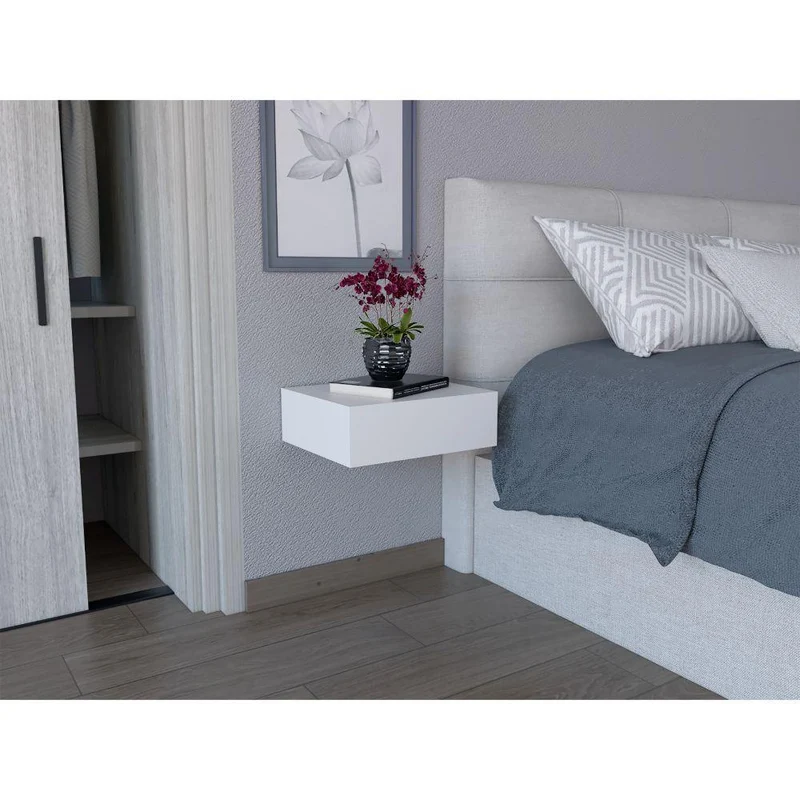 Set de 2 Mesas de Noche Flotante Milano, Blanco, con un Cajón