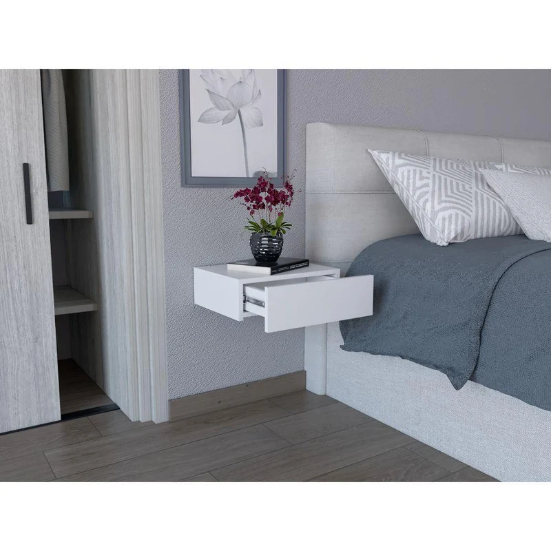 Set de 2 Mesas de Noche Flotante Milano, Blanco, con un Cajón