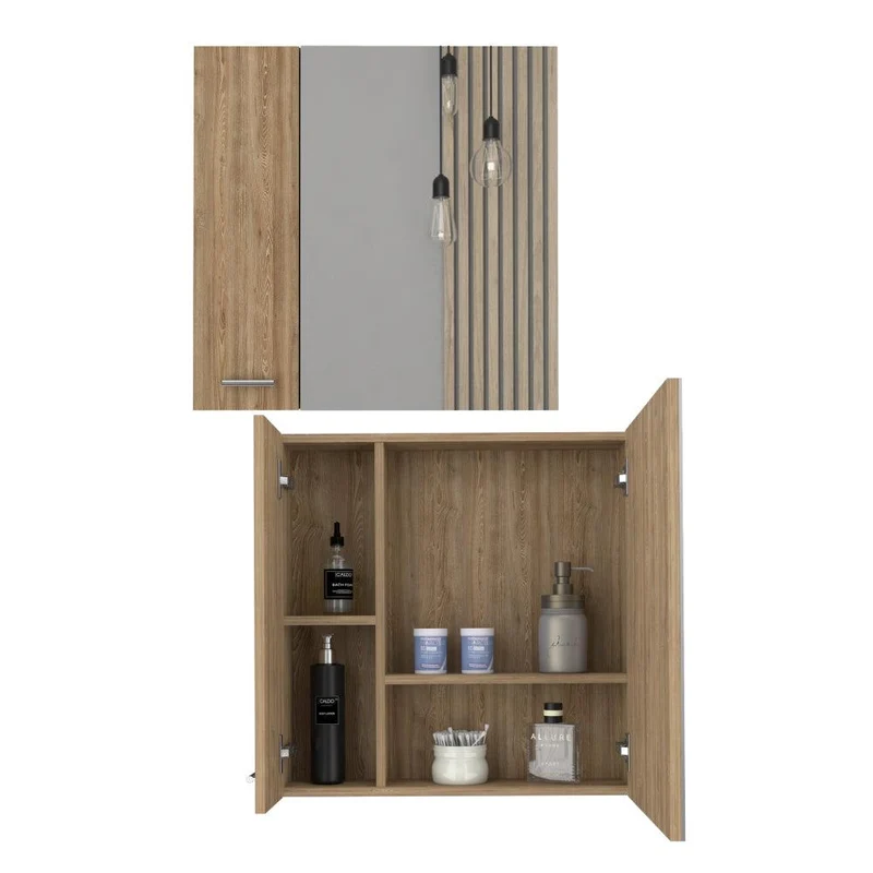 Set de 2 Gabinetes de Baño Apolis, Miel, con Puerta Espejo y Dos Entrepaños para Ubicar Múltiples Objetos
