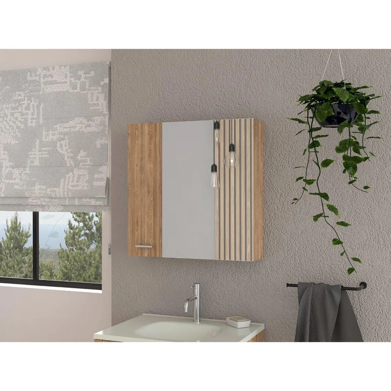 Set de 2 Gabinetes de Baño Apolis, Miel, con Puerta Espejo y Dos Entrepaños para Ubicar Múltiples Objetos