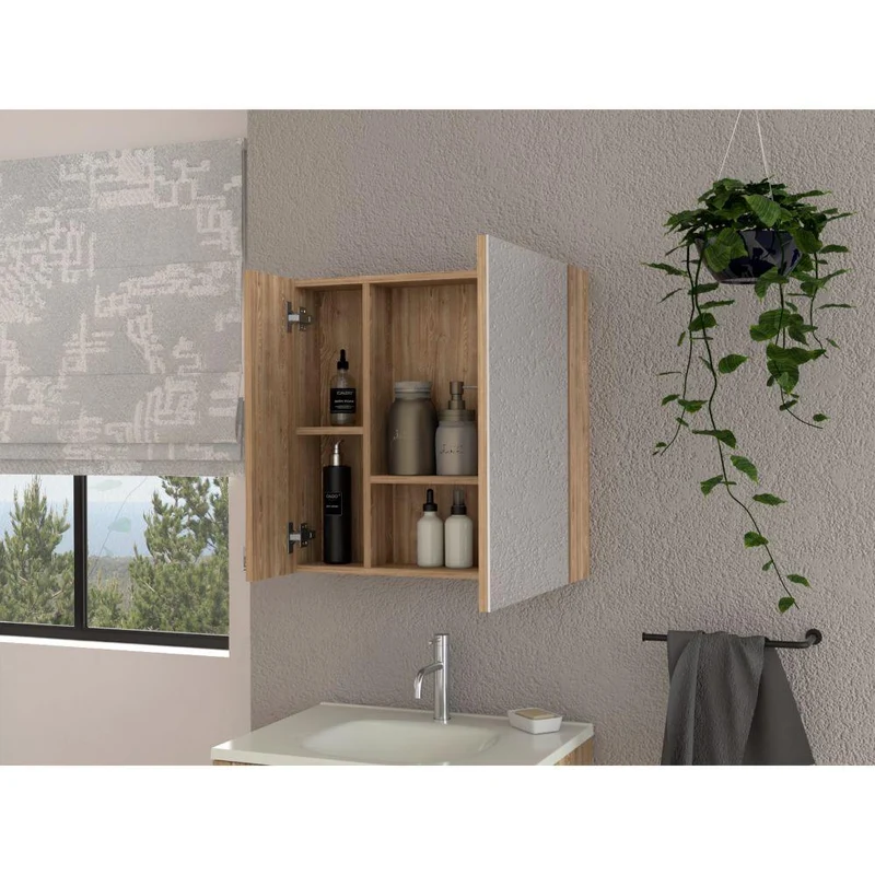 Set de 2 Gabinetes de Baño Apolis, Miel, con Puerta Espejo y Dos Entrepaños para Ubicar Múltiples Objetos