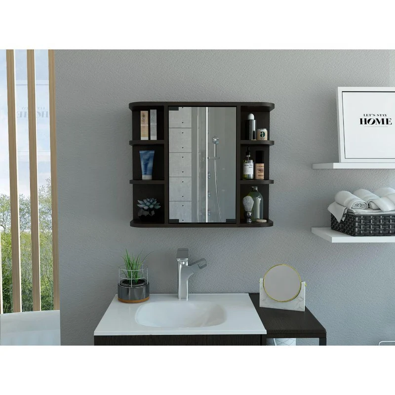 Set de 2 Gabinetes de Baño Merín, Wengue, con Espejo y Tres Entrepaños