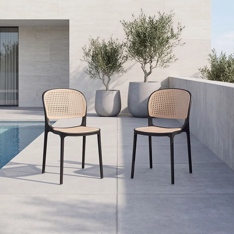 Set de 2 Sillas Nest, Color Negro y Beige, con Espaldar y Asiento en Rejilla