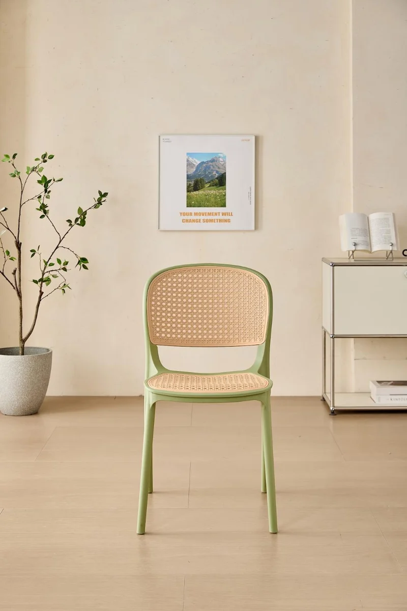 Set de 4 Sillas Nest, Color Verde Olivo y Beige, con Espaldar y Asiento en Rejilla