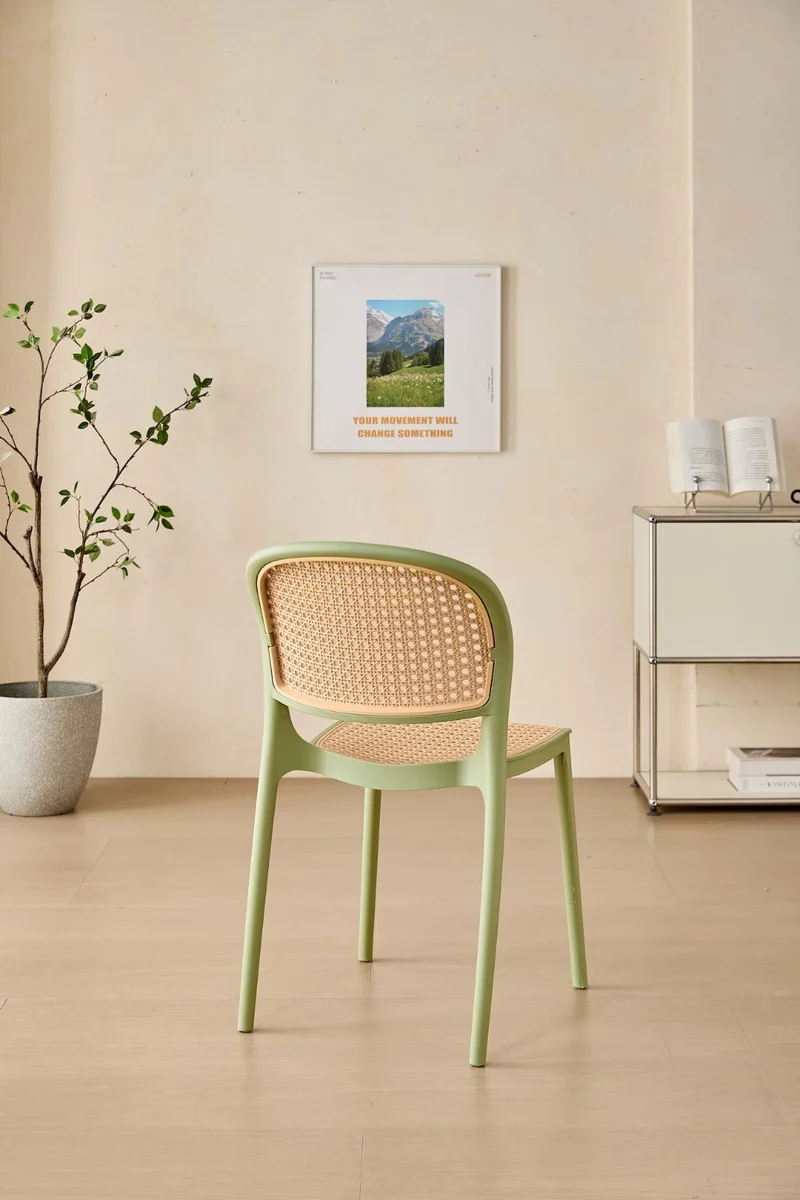 Set de 4 Sillas Nest, Color Verde Olivo y Beige, con Espaldar y Asiento en Rejilla