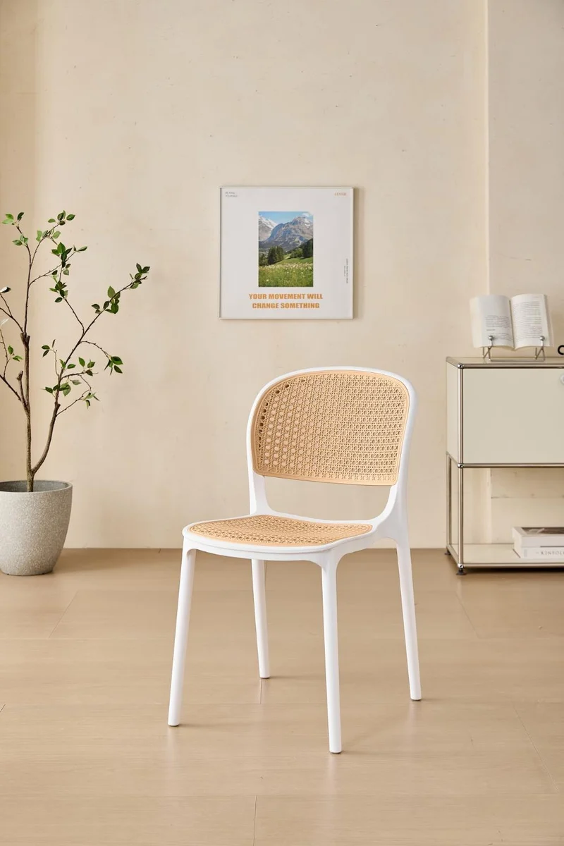 Set de 2 Sillas Nest, Color Blanco y Beige, con Espaldar y Asiento en Rejilla