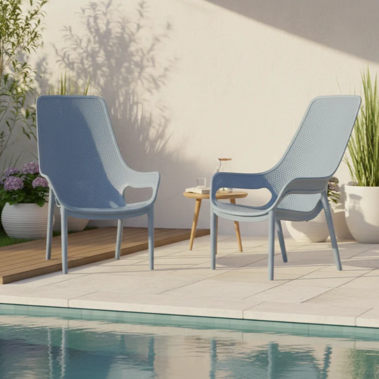 Set de 4 Sillas Lounge Mayorca, Azul Claro, con Espaldar y Reposa Brazos