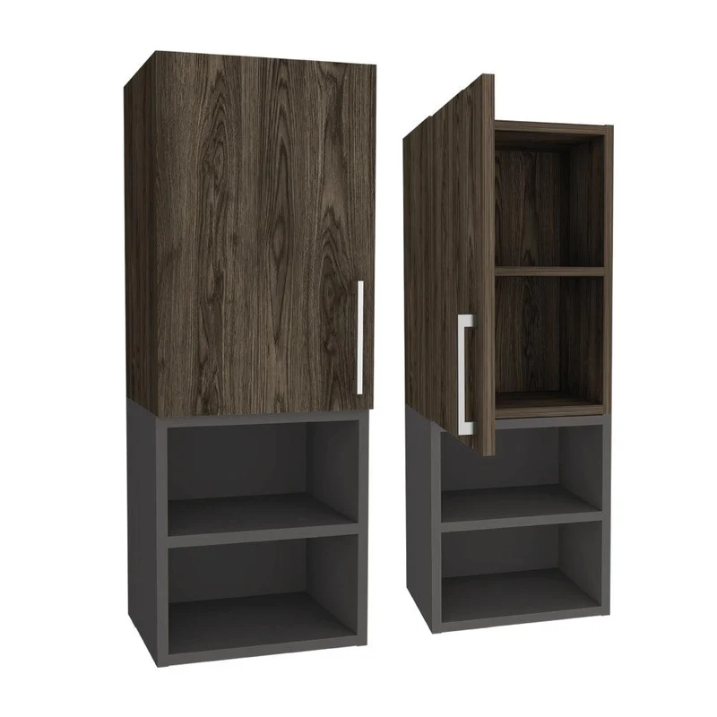 Set de 2 Gabinetes de Baño Oporto, Chocolate y Plata Oscuro, con Espacio para Guardar Objetos de Aseo Personal