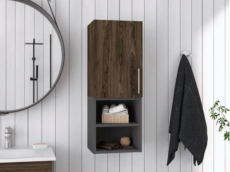 Set de 2 Gabinetes de Baño Oporto, Chocolate y Plata Oscuro, con Espacio para Guardar Objetos de Aseo Personal