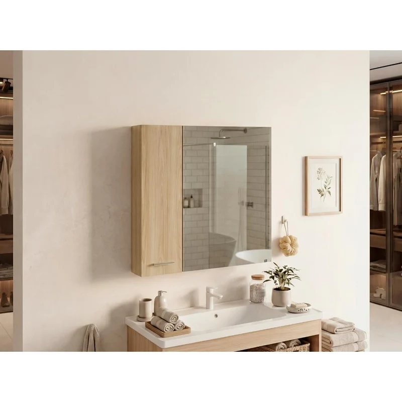 Set de 2 Gabinetes de Baño Apolis, Fresno Europeo, con Puerta Espejo y Dos Entrepaños para Ubicar Múltiples Objetos