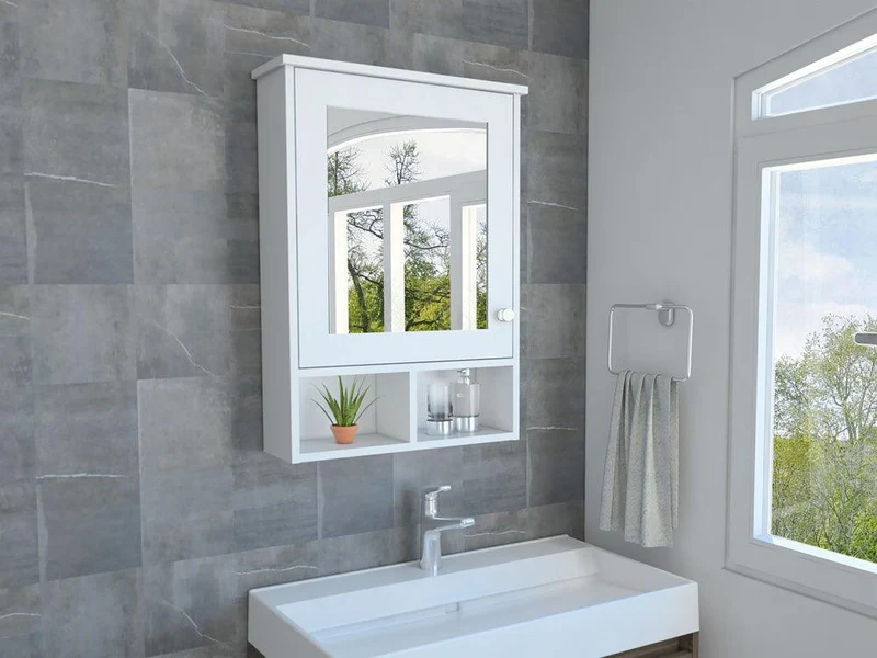 Set de 2 Gabinetes de Baño Egeo, Blanco, con Puerta Espejo y Tres Entrepaños para Ubicar Objetos
