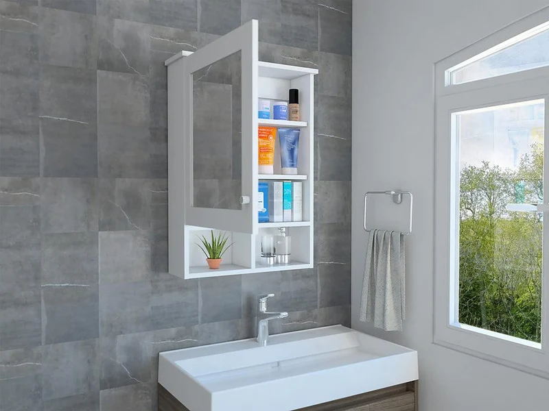 Set de 2 Gabinetes de Baño Egeo, Blanco, con Puerta Espejo y Tres Entrepaños para Ubicar Objetos