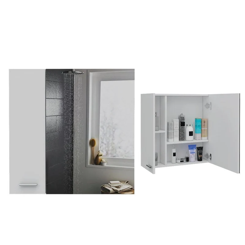Set de 2 Gabinetes de Baño Caribe, Blanco, con Espejo Biselado de Buen Tamaño y Varios Entrepaños
