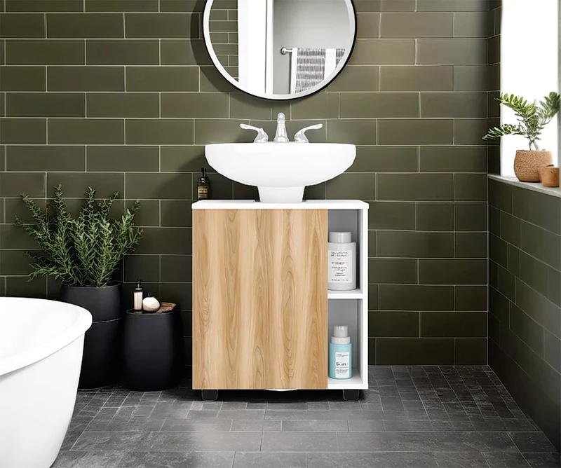 Mueble para Lavamanos Pascuale, Blanco Duqueza y Fresno Europeo, No Incluye Lavamanos