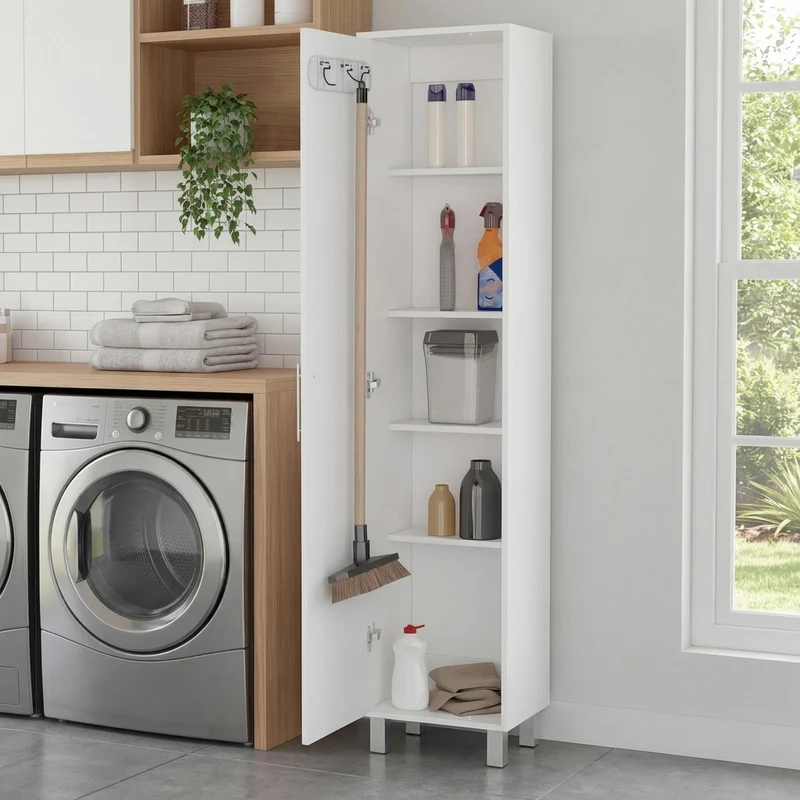 Mueble de Aseo Jalisco, Blanco, Gran Espacio para Almacenar Artículos de Aseo, con Colgadero de Escobas ZF