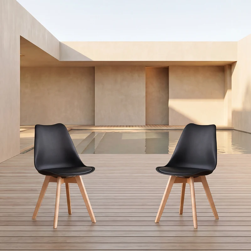 Set de 2 Sillas Fyn, Negro, Diseño Minimalista con Espaldar, Cojín y Patas de Madera