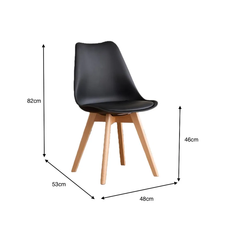 Set de 4 Sillas Fyn, Negro, Diseño Minimalista con Espaldar, Cojín y Patas de Madera
