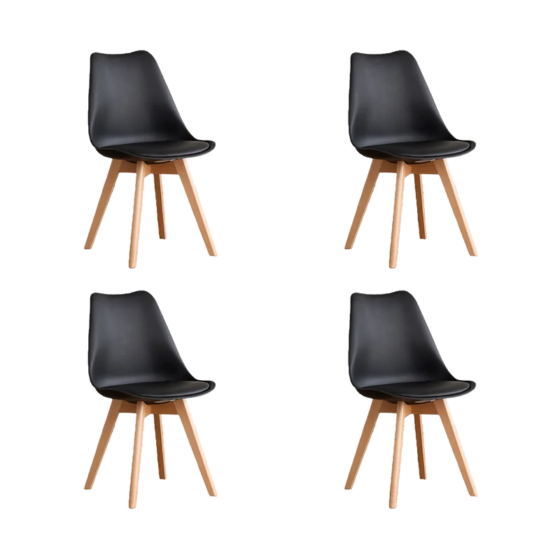 Set de 4 Sillas Fyn, Negro, Diseño Minimalista con Espaldar, Cojín y Patas de Madera