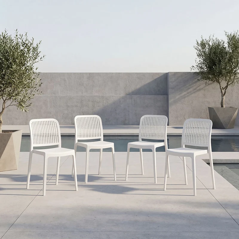 Set de 4 Sillas Bronx , Blanco, con Espaldar en Cuadrados y Diseño Minimalista