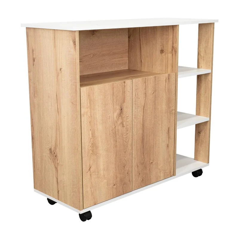 Mesa Auxiliar de Cocina Coralyn, Blanco y Café Claro, con Tres Entrepaños y Rodachines