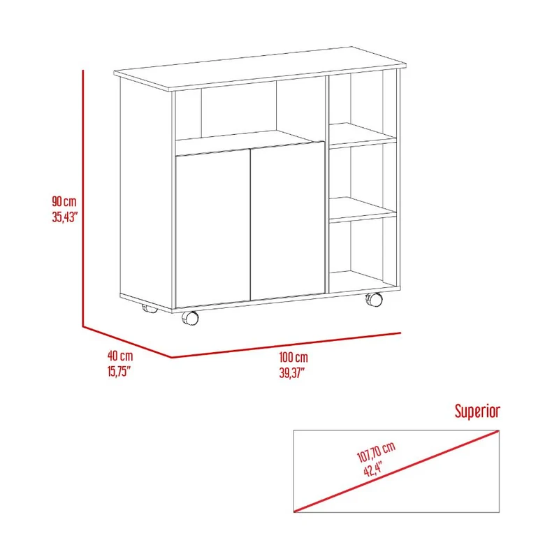 Mesa Auxiliar de Cocina Coralyn, Blanco y Café Claro, con Tres Entrepaños y Rodachines