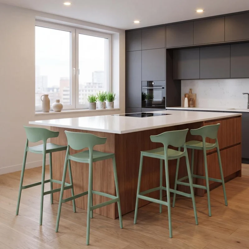 Set de 4 Sillas para Bar Elena, Color Verde Oliva, Diseño Moderno
