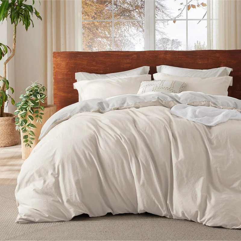 Duvet Cover + Plumón Bicolor Beige Gris Claro Sencillo