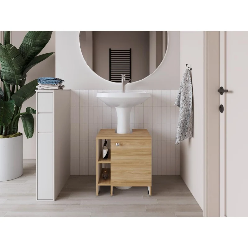 Mueble para Lavamanos Omahi, Fresno Europeo y Blanco Duqueza, con Variedad de Entrepaños
