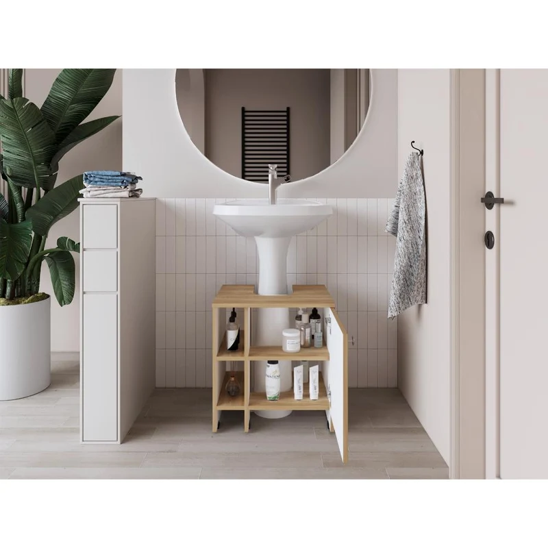 Mueble para Lavamanos Omahi, Fresno Europeo y Blanco Duqueza, con Variedad de Entrepaños