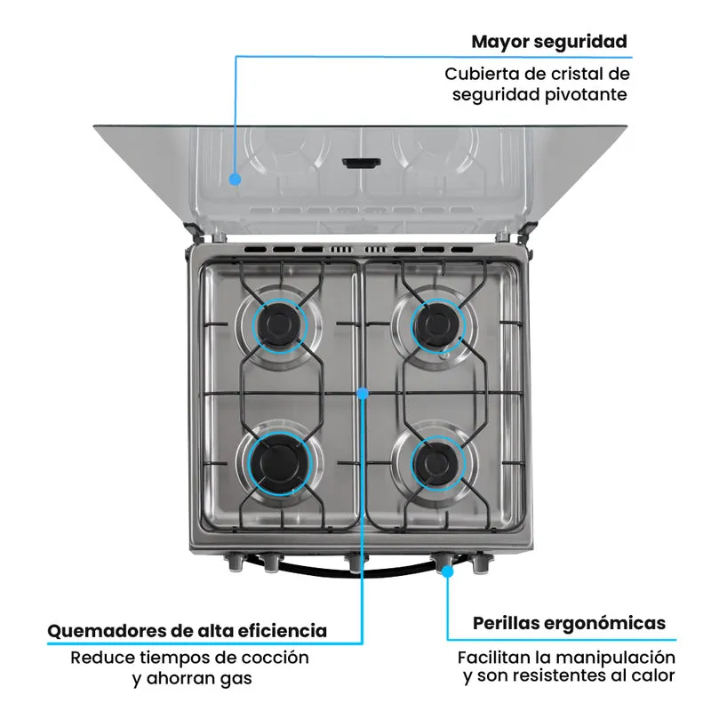 Estufa de Piso 60 cm a Gas Natural con Horno en Acero Inox, Negro